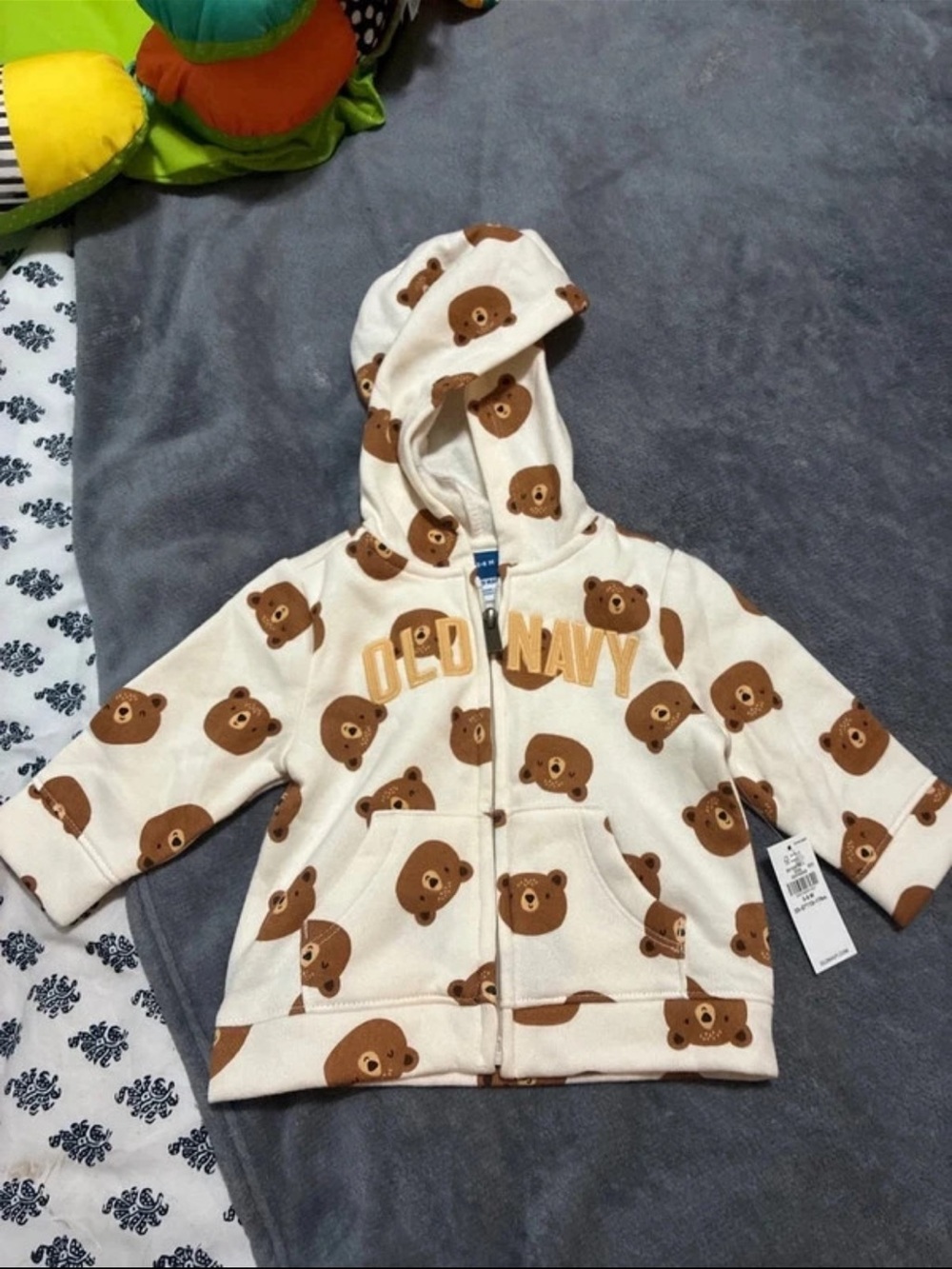Old Navy Cream Hoodie with Brown Bear Print and Gold Logo NWT